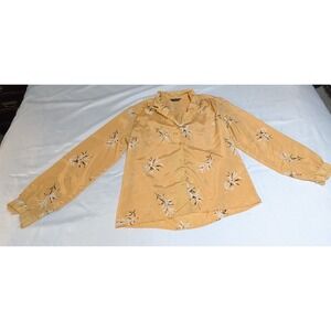 Paula Saker Blouse Womens Size 12 Yellow Good Vintage‎ Leaf Print Button Down
